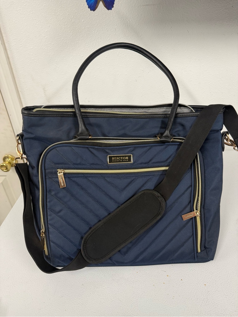 Kenneth Cole Reaction Navy Quilted Shoulder Tote with Gold Trim